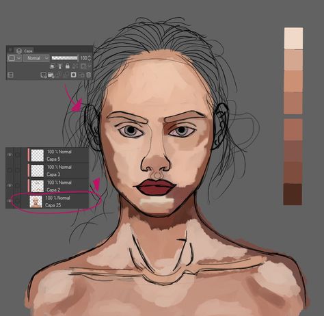Croquis, How To Color Skin Digital Realistic, How To Color Realistic Skin Digital, How To Shade Realistic Skin, How To Paint Skin Digital Art, How To Paint Realistic Skin, How To Color Black Skin Digital, Realistic Skin Tutorial Digital Art, Neck Shading Reference