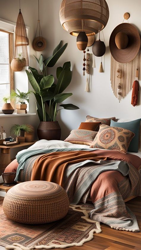 Channel Your Inner Wanderer with Bohemian Home Decor Rust Themed Bedroom, Green And Copper Bedroom, Warm Colored Bedroom, Burnt Orange Bedroom Decor, Burnt Orange And Green Bedroom, African Bedroom Decor, African Bedroom, Eclectic Apartment Decor, Dorm Wall Decor