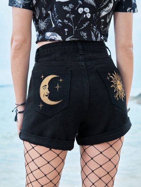 ROMWE Goth Sun & Moon Embroidery Pocket Denim Shorts Goth Embroidery Clothes, Black Jeans Embroidery, Painted Jean Shorts, Painted Denim Shorts, Moon Shorts, Goth Summer Outfits, Bespoke Denim, Goth Shorts, Embroidery Shorts