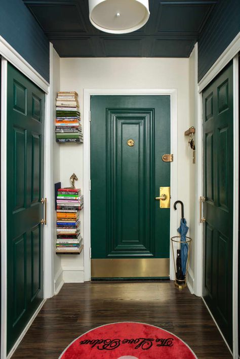 24 Small Entryway Ideas | Apartment Therapy Small Entryways, Hallway Ideas Doors, Hallway Door Ideas, Apartment 2023, Apartment Entryway, Door Coverings, Floating Bookshelves, Apartment Door, Accent Wall Paint