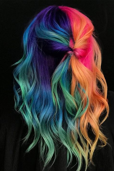 Autumn Vivid Hair Color, Fall Vibrant Hair Color, Fire And Ice Hair, Short Unicorn Hair, Vivid Fall Hair Color, Bright Fall Hair Colors, Short Vivid Hair, Hair Colour Ideas Crazy, Two Different Colored Hair