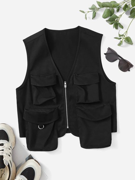 Black Casual Collar Sleeveless Woven Fabric Plain Vest Embellished Non-Stretch  Women Outerwear Engineer Girl, Army Vest, Womens Black Vest, Plain Vest, Zipper Vest, Sleeveless Outfit, Girls Vest, Women Outerwear, Women Jackets