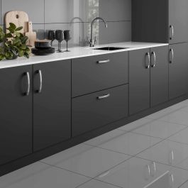 Space Grey Glazed Porcelain W&F 300x600mm Porcelain Superstore, Modern Grey Kitchen, Gray Porcelain Tile, Dark Grey Kitchen, Grey Floor, Gray And White Kitchen, Black Kitchen Cabinets, Grey Tiles, Kitchen Wall Tiles