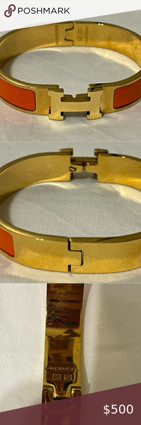 HERMES Click-Clack H Bangle Gold Orange GP Bracelet Hermes Jewelry, Bangle Gold, Gold Orange, Orange Gold, Black Enamel, Gold Bangles, Gold Tone Metal, Gold Tones, Bangles