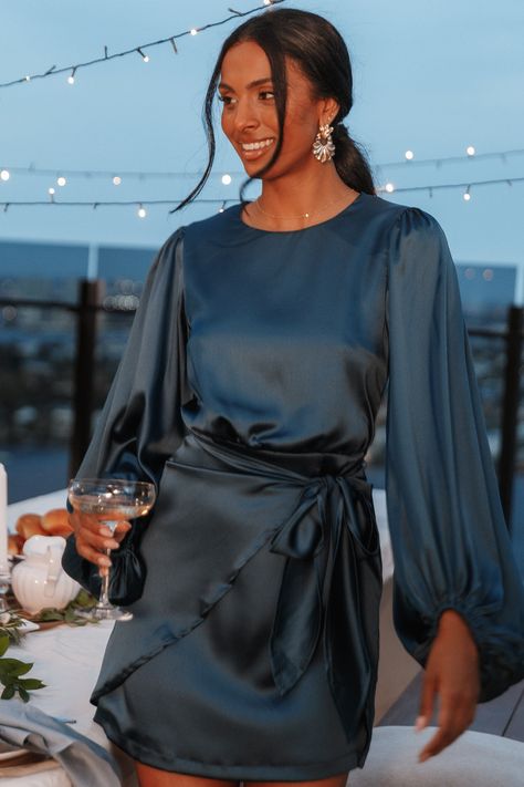 Gorgeous navy blue satin dress with sleeves for a fall or winter wedding guest. #commissionlink #weddingguest #dresses #bluedress Opal Dress, Winter Wedding Guests, Petal And Pup, Guest Attire, Resort Dresses, Exclusive Clothing, Cocktail Attire, Usa Dresses, Dresses By Length