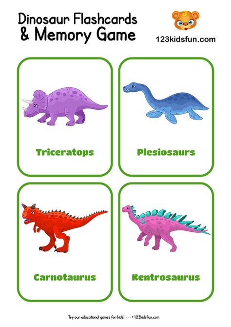 Free Printable Dinosaur Flashcards and Memory Game for Kids | 123 Kids Fun Apps Types Of Dinosaurs Preschool, Dinosaur Flash Cards Free Printable, Dinosaurs Printables Free, Dinosaur Flashcards Free Printable, Dinosaur Scavenger Hunt Free Printable, Types Of Dinosaurs For Kids, Dinosaur Flash Cards, Names Of Dinosaurs, Rhyming Preschool