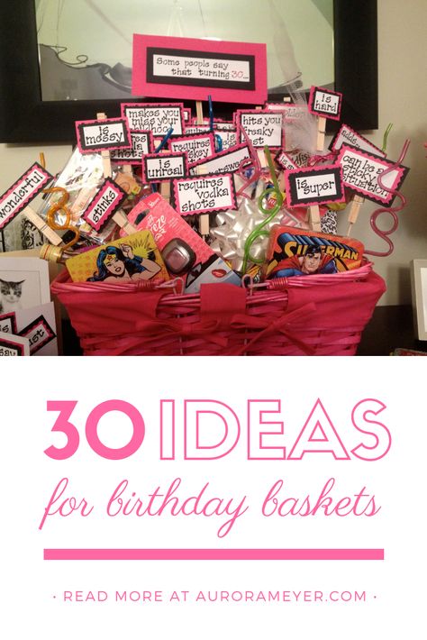 23rd Birthday Gift Baskets, 30th Basket Gift Ideas, 50 Birthday Baskets For Women, 30th Birthday Personalized Gifts, 30th Survival Kit For Her, 30 Gift Basket Ideas, Gift Basket 40th Birthday, Handmade 30th Birthday Gifts, Birthday Container Ideas