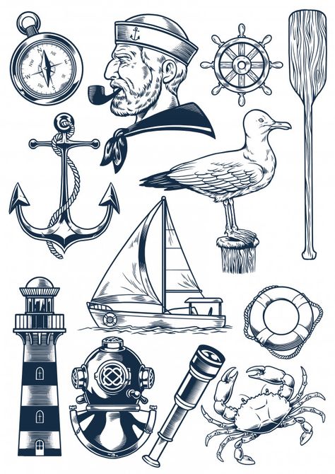 Nautical object set in vintage engraving... | Premium Vector #Freepik #vector #ribbon #vintage #badge #wave Nautical Drawing, Design For Clothing Brand, Flash Art Tattoos, Design For Clothing, Tattoo Amor, Illustration Tshirt, Sailor Tattoos, Sailor Tattoo, Pirate Tattoo