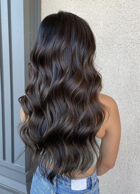 Dark Brown Balayage With Money Piece, Long Black Hair With Brown Highlights, Dark Long Brown Hair, Hair Inspo For Dark Hair, Dark Hair With Dark Brown Highlights, Black Hair With Brunette Highlights, Low Lights In Brown Hair Dark, Cool Dark Brown Hair With Highlights, Brunette Highlights On Black Hair