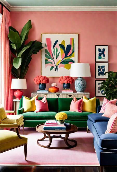 Interior Designer Tips & Tricks for How to Decorate an Adult Room Using Pink Yellow And Pink Living Room Ideas, Pink Living Room Green Sofa, Fushia Couch Living Room, Pink Interior Design Living Room, Small Living Room Colour Ideas, Green Sofa Pink Walls, Emerald And Pink Living Room, Pink Red Green Aesthetic, Coral And Green Living Room