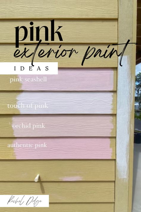 Finding the Perfect Pink Exterior House Paint - Rachel Dodge Pink Beige Exterior House, Pink Exterior Paint Colors For House, Exterior Pink Paint Colors, White House Pink Shutters, White House Pink Trim, Pink Paint Swatches, Pink Exterior Paint, Pink Exterior House, Paint Colors Pink