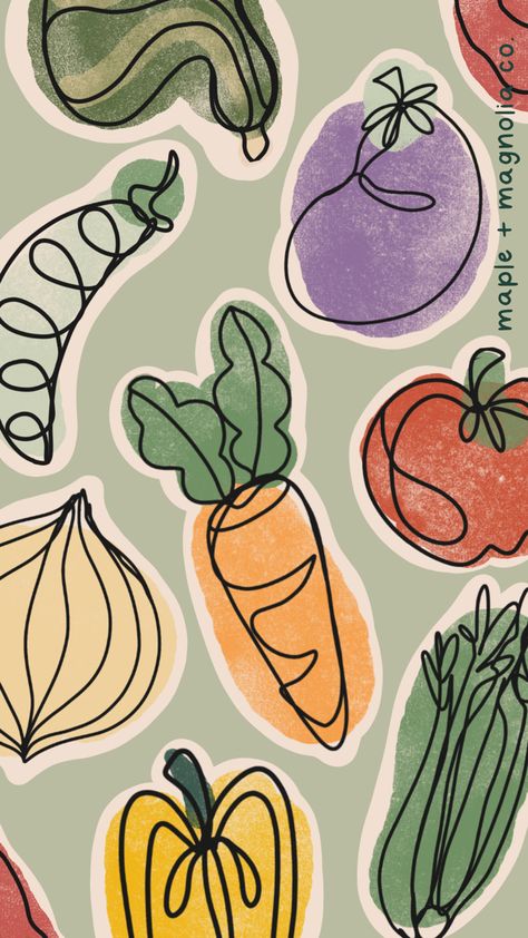 Aesthetic Nutrition Wallpaper, Vegetable Cute Illustration, Veggie Background Wallpapers, Cute Fruits Wallpapers, Vegetable Design Art, Nutrition Wallpaper Backgrounds, Plants Illustration Wallpaper, Vegetable Background Wallpapers, Vegan Wallpaper Backgrounds