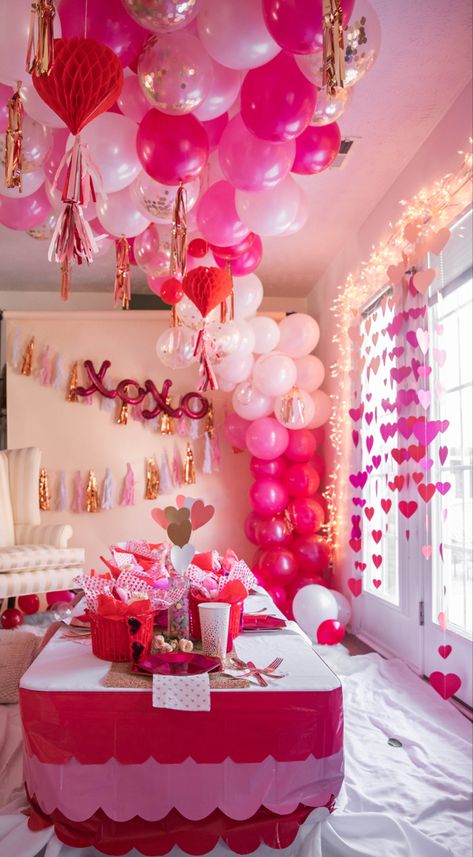 Galentine’s Day decorations Galentines Party Decor Living Room, Valentine’s Day Party Decoration Ideas, Valentines Day Decorations Girls Room, Valentines Birthday Party Ideas Kid, Galentines Party Balloons, Galentines Party Decor Coquette, Red And Pink Theme Party, Mardi Gras Valentines Party, Pink Glam Party Decor