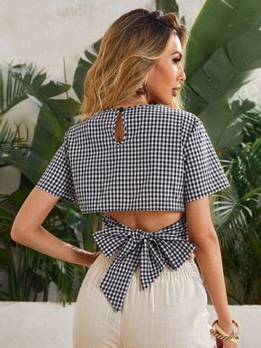 Black and White Casual Short Sleeve Polyester Gingham Top Embellished Non-Stretch Summer Women Tops, Blouses & Tee Couture, Formal Chic, Gingham Top, Buffalo Plaid Pattern, Plaid Crop Top, Women Tie, Plaid Outfits, Gingham Tops, Black And White Style