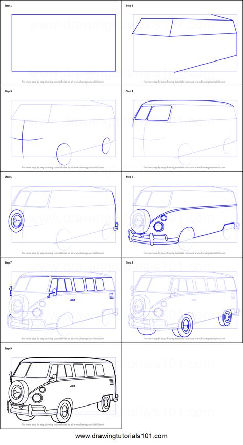 How to Draw Volkswagen Bus printable step by step drawing sheet : DrawingTutorials101.com Volkswagen Bus Art, Van Drawing, Car Drawing Pencil, Bus Drawing, Bus Art, Vw Art, Drawing Sheet, Cool Car Drawings, Car Design Sketch