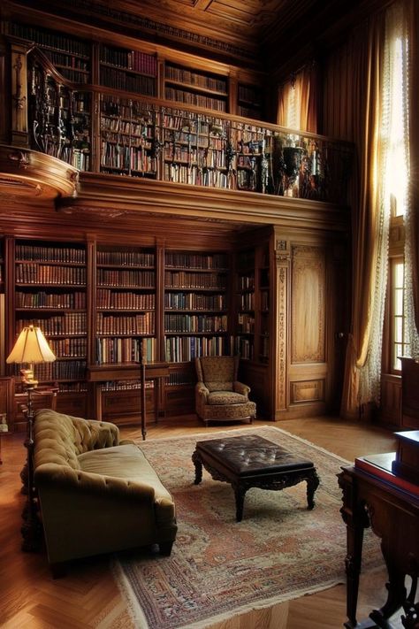 Create a Timeless Retreat with Classic Home Libraries 📚✨ Design a cozy and elegant home library with classic decor. Use rich wood, vintage furniture, and plenty of books for a sophisticated reading nook. 🌿🕰️ #HomeLibrary #HomeDecor #ClassicStyle #ReadingNook 70s Home Library, Craftsman Library Room, Victorian Homes Interior Library, Grand Library Home, Library House Aesthetic, Cottagecore Home Library, Dream Home Library Aesthetic, Spanish Style Library, House Full Of Books