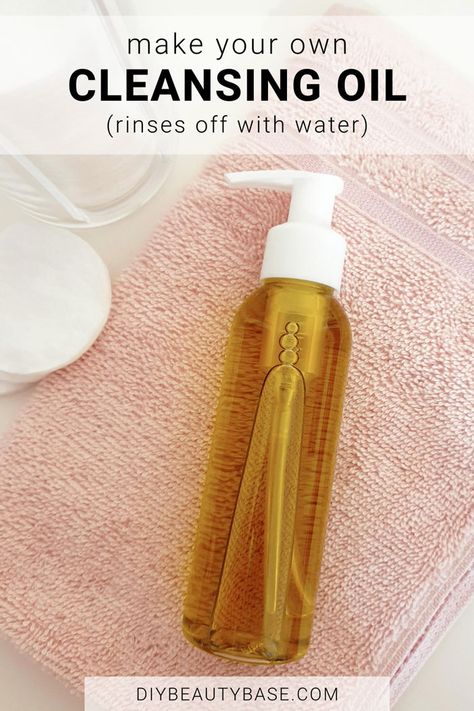 Make your own DIY cleansing oil face wash that fully rinses off with water. This emulsifying cleansing oil is easy to make and suitable for all skin types. Choose from 2 oil cleanser recipes: basic and advanced. #oilcleansing #diybeauty #diyfacewash Cleansing Oil Recipe, Oil Cleanser Recipe, Diy Cleansing Oil, Diy Oil Cleanser, Diy Face Cleanser, Oil Face Cleanser, Oil Face Wash, Diy Cleanser, Oil Face Cleansing