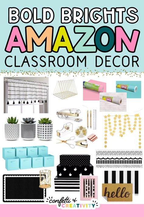 Looking for other decor ideas to go with your Bold Brights classroom? Check out these fantastic and affordable Amazon must-haves for your bold & bright classroom! These classroom decor items will be the perfect way to transform your classroom into your home away from home! Bright classroom decor ideas // Amazon classroom must haves // Colorful classroom decor // Amazon classroom finds // Classroom ideas Classroom Decor On Top Of Cabinets, Black White And Bright Classroom Decor, Bold Brights Classroom Decor, Affordable Classroom Decor, Classroom Decor Amazon, 2024-2025 Classroom Themes, Bold And Bright Classroom Theme, Amazon Classroom Decor, Black White Classroom Decor