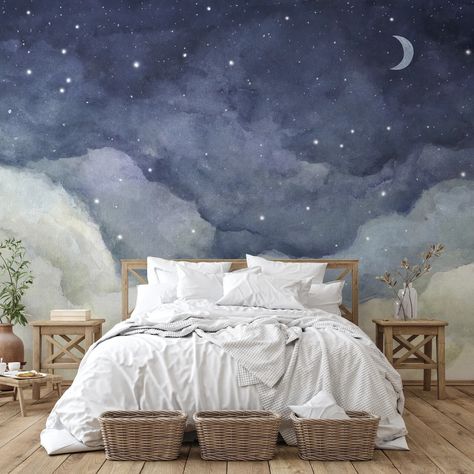 Starry Night Sky and Crescent Moon Watercolor Wall Mural Serene Bedroom Wallpaper Decor Removable Wallpaper - Etsy Sweden Bedroom Wallpaper Decor, Crescent Moon Watercolor, Watercolor Wall Mural, Moon Watercolor, Night Sky Stars, Serene Bedroom, Bedroom Wallpaper, Moon Gifts, Starry Night Sky