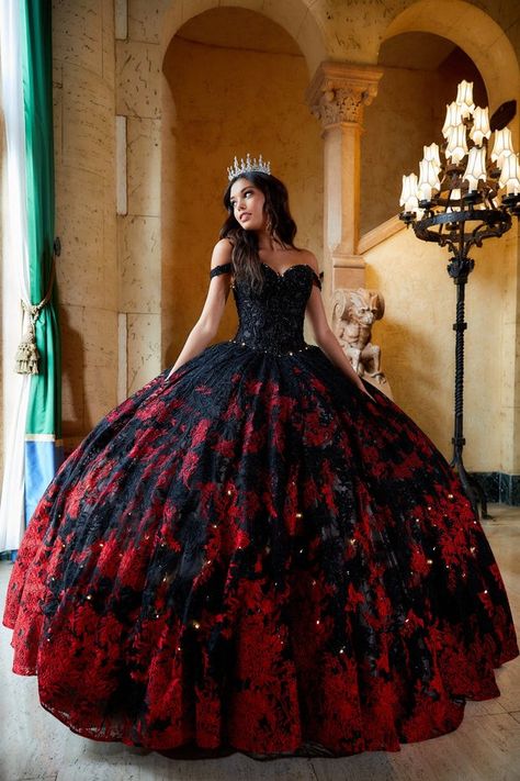 Black Quince Dress, Red Sweet 16 Dresses, Black Quince Dresses, Red Quinceanera Ideas, Fabric Beading, Quinceanera Dresses Red, Quinceanera Dresses Black, Lace Up Corset Back, Quinceanera Dresses Mexican