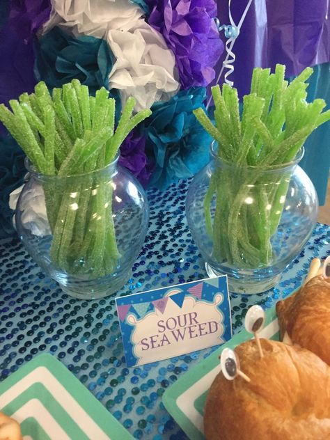 Underwater Birthday Theme Sea Decoration, Mermaid Shark Birthday, Sea Monster Theme Party, Aquatic Party Theme, Mermaid Theme Birthday Snacks, Octopus Birthday Party Ideas, Ocean 3rd Birthday Party, Sea Themed 2nd Birthday, Mermaid Pool Party Food Ideas