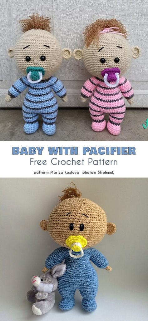 Baby with Pacifier Free Crochet Pattern his particular one is a baby doll with a pacifier and a lovely jumpsuit, which can be made in any color you choose, to match your own mood and the child's preferences. Free Crochet Pattern Doll, Free Toy Crochet Patterns, Baby Amigurumi Free Pattern, Baby Doll Crochet Pattern Free, Amurigumi Crochet, Amigurumi Free Pattern Doll, Baby Doll Clothes Patterns Free Knitted, Crochet Dolls Clothes Free Patterns, Crochet Baby Dolls Free Patterns