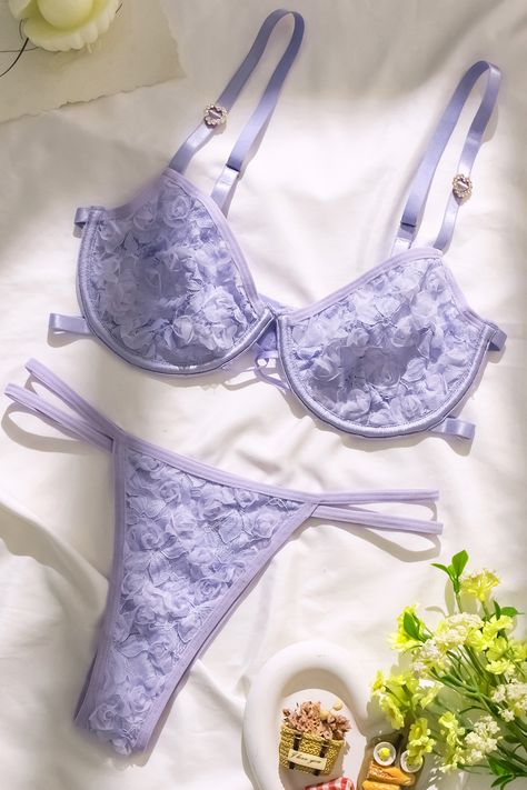 Indulge in romance with our Lavender Floral Lace Lingerie Set! The delicate floral lace detailing adds a touch of femininity, while the soft lavender hue brings a sense of tranquility. Whether it's a special occasion or a simple indulgence, embrace the beauty of self-expression with this enchanting addition to your lingerie collection. Product code: CAA11H3L017VV Features:  Adjustable straps Underwire Low-rise Pattern: Floral Wash Method: Regular Wash Material: 90%POLYAMIDE,10%ELASTANE. Cute Lingerie Sets, Simple Lingerie, Bra Art, Floral Lingerie, Soft Lavender, Affordable Swimwear, Lavender Floral, Cute Bras, Cute Lingerie