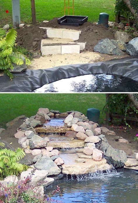 DIY Garden Waterfall Projects • The Garden Glove Waterfall Project, Diy Ponds Backyard, Diy Waterfall, Kolam Air, Taman Diy, Kolam Koi, Taman Air, Garden Pond Design, Diy Pond