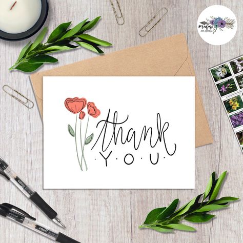 Thank You Flower Card, Thank You Calligraphy Card, Diy Thank You Cards Watercolor, Thank You Diy Cards Handmade, Simple Thank You Cards Diy, Handmade Thank You Cards Ideas Simple, Calligraphy Card Ideas, Thank You Card Homemade, Simple Thank You Cards Handmade