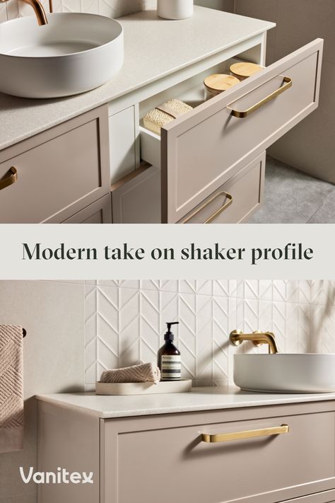 Shaker profile bathroom vanity Lacquered Bathroom Vanity, Taupe Vanity, Shaker Bathroom, Washroom Vanity, Shaker Bathroom Vanity, Vanity Inspo, Bathroom Cabinet Colors, Dulux Paint Colours, Bathroom Vanity Ideas