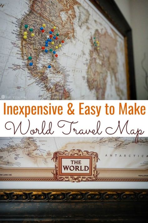 Always wanted a world travel map with pins marking all of the places your family has visited? Make your own push pin travel map with this tutorial! Travel Maps With Pins, Diy Push Pin Map, Cork Board Map, World Map Pin Board, Adventure Bedroom, Map With Pins, World Map With Pins, World Travel Map, Push Pin Travel Map