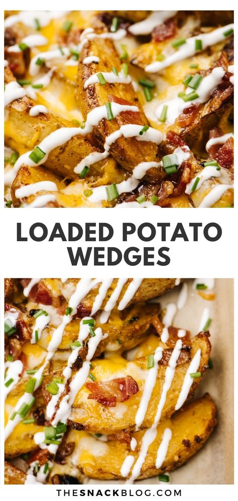 Top - side view of potato wedges loaded with bacon, cheese, sour cream, and chives; bottom - baked loaded potato wedges on a parchment lined baking sheet; title bar in the middle reads "loaded potato wedges". Potato Wedges Baked With Cheese And Bacon, Loaded Baked Potato Wedges, Loaded Potato Slices In Oven, Potato Wedge Appetizers, Sliced Loaded Potatoes In The Oven, Loaded Potato Wedges Baked, Ranch Potato Wedges In Oven, Potato Wedges With Cheese And Bacon, Potatoe Wedges Recipe Air Fryer