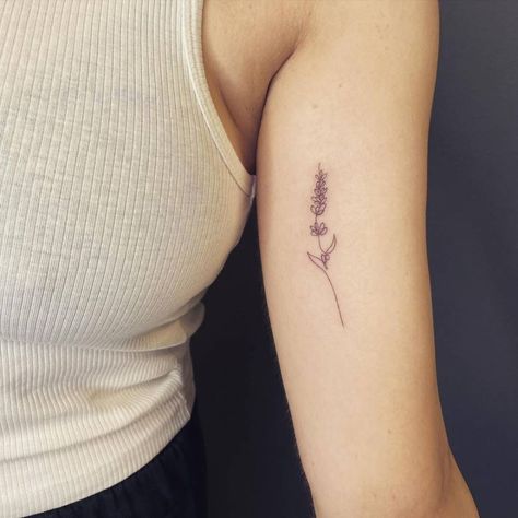 Fine Line Inner Bicep Tattoo, Lavender Line Art Tattoo, Lavender Tattoo Fine Line, Minimalist Forearm Tattoos For Women, Inside Of Arm Tattoo Women, Tattoo Above Elbow Front Of Arm, Upper Arm Tattoo Placement, Line Lavender Tattoo, Lavender Tattoo Arm