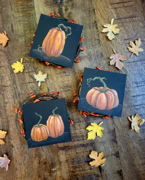 "Tiny pumpkins in autumnal tones. Perfect little pictures for all the spooky season lovers. Each piece is unique, numbered and signed on a magnetic canvas panel. You can stick this artwork anywhere, even on your fridge. Acrylic paint on magnetic canvas panel.  3\" x 3\" mini canvas panel Shipped in bend proof and weather proof packaging." Fall Simple Painting Ideas, Simple Fall Canvas Painting Ideas, Halloween Mini Painting, Easy Autumn Paintings, Thanksgiving Art Painting, Fall Easy Painting Ideas, Simple Fall Paintings, Cute Fall Paintings, Fall Acrylic Painting