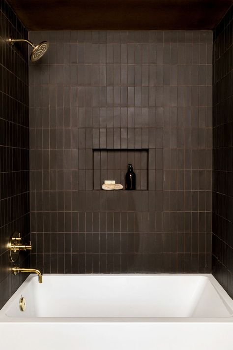 Robert Mckinley, Brown Tile Bathroom, Moody Bathroom, Brown Tiles, Subway Tiles Bathroom, Diy Bathroom Storage, Farmhouse Master, Brown Bathroom, Bathroom Storage Cabinet