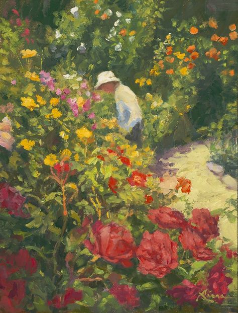 Nanette Biers,  The rose garden at the Marin Art & Garden Center in Ross.  "Inhaling the Fragrance" 12 x 9 Women In Garden Painting, Garden Of Roses Painting, Rose Garden Oil Painting, Rose Garden Watercolor, Garden Of Flowers Painting, Watercolor Flower Garden Paintings, Rose Garden Painting Easy, Pretty Landscapes Painting, Old Watercolor Paintings