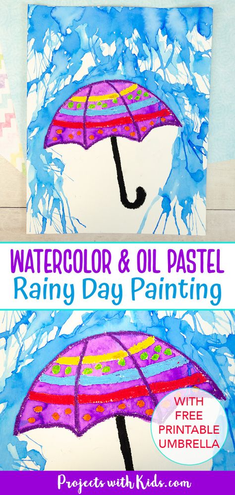 Kids will use blow painting with straws and oil pastels to make this awesome watercolor rainy day painting! A fun spring art project with a free printable umbrella template. Grade 1 Art Spring, Kindergarten Umbrella Craft, Fun Spring Art Projects For Kids, Kindergarten Pastel Art, Spring Painting Activities, Easy Art Elementary, Spring Art Class Ideas, Umbrella Art Projects For Kids, Spring Art Grade Two