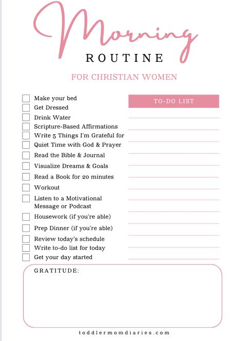 Powerful Morning Routine Checklist for Christian Women - Toddler Mom Diaries Prayer Time Schedule Christian, Christian Woman Daily Routine, Morning Routine For Christians, Morning Checklist For Women, Christian Mom Morning Routine, Godly Morning Routine, Daily Routine Schedule Christian, That Christian Girl Morning Routine, Morning Routine Christian Women