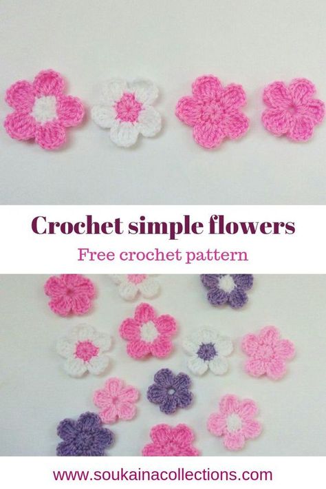 Flower For Hat Crochet, Crochet Flower Simple Pattern, Bloomer, Crochet Flowers Hat, Crochet Flowers Free Pattern Appliques, Easy Small Crochet Flower Pattern, Small Flowers Crochet Pattern, How To Crochet Applique, Crochet Pattern For Flowers Free