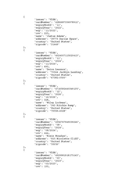 The document contains 20 credit card objects with details like card number, expiration date, security code, name of cardholder, their address and zip code. All cards are issued by VISA and belong to cardholders located in the United States. Credit Card Numbers That Work 2024, Credit Card Numbers That Work, Real Working Credit Card Numbers, Valid Credit Card Numbers, Visa Card Numbers, Card Hacks, Credit Card Hacks, Secret Websites, Free Credit Card