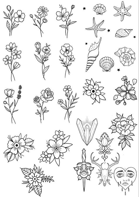 Tattoo Stencil Outline Flowers, Small Flash Tattoo Ideas Simple, Simple Flower Tattoo Ideas, Simple Flash Tattoo Designs, Tattoo Flash Flowers, Floral Flash Sheet, Simple Beautiful Tattoos, Aesthetic Simple Tattoos, Flower Flash Art