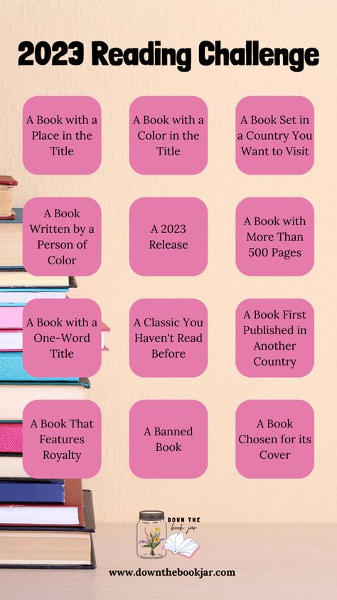 2023 Reading Challenge - Down the Book Jar 2023 World Reading Challenge, Book Jar Ideas, Buzzword Reading Challenge, Tbr Jar Reading Prompts, Tbr Book Jar Prompts, Tbr Jar Prompts, 2023 Book Club Reading List, Book Challenge List 2023, Top Books To Read 2023