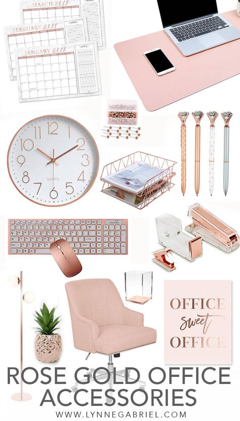 Rose Gold Desk and Office Accessories You Will Absolutely Love — Whatever is Lovely Gold Office Accessories, Rose Gold Desk, Rose Gold Room Decor, Rose Gold Rooms, Rose Gold Office, Gold Office Decor, Work Desk Decor, Gold Room Decor, Bilik Idaman