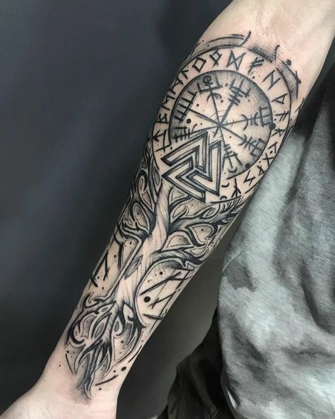 101 Best Nordic Tattoo Ideas You Have To See To Believe! - Outsons Nordic Tattoo Ideas, Jormungandr Tattoo, Tattoos Viking, Nordic Tattoos, Viking Compass Tattoo, Viking Tattoos For Men, Celtic Sleeve Tattoos, Fenrir Tattoo, Viking Warrior Tattoos