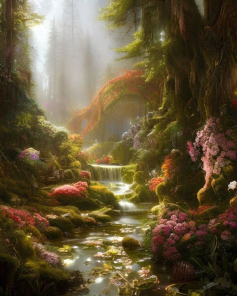 Enchanted Garden Wallpaper, Painting Enchanted Forest, Enchanting Forest Aesthetic, Forest Magical Fairyland, Enchanted Autumn Forest, Enchanted Forest Waterfall, Enchanted Forest Paintings, Magic Fairy Forest, Magical Nature Aesthetic
