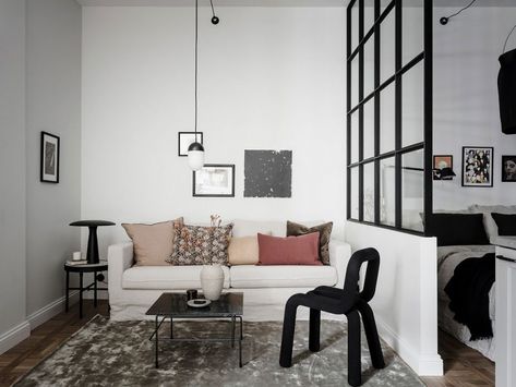 Divided Living Room, Partition Wall Ideas, Scandinavian Studio Apartment, Scandinavian Studio, Glass Partition Wall, Coco Lapine Design, Deco Studio, Modern Tiny House, Glass Partition