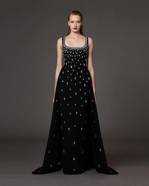 Crafted to perfection, each piece embodies the perfect fusion of classic charm while exuding a modern flair. Discover the full Jean-Louis Sabaji’s Pre-Fall 24 collection on our website. Link in bio. #hertrove Haute Couture, Couture, Embroidered Black Dress, Dress With Overskirt, Crystal Embroidery, Black Embroidered Dress, Column Skirt, Embroidered Collars, Column Dress