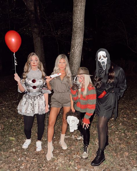 Horror Killers Costumes, Halloween Costumes For Trios Scary, Hot Jigsaw Costume, Trio Hollowed Costumes, Scary Halloween Group Costumes, Scream And Casey Costume, Four Costumes Group, Halloween Costumes 4 Ppl, Horror Movie Killers Costumes