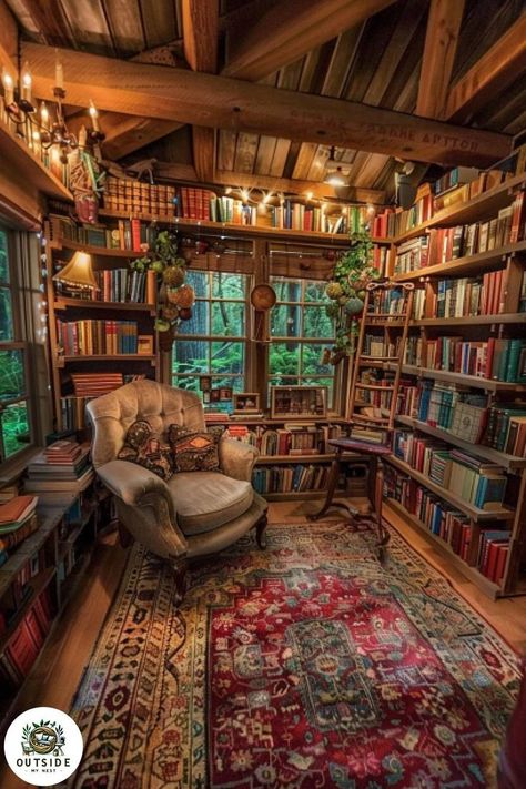 Rustic Library Ideas, Cozy Book Nook Aesthetic, Magical She Shed, Cozy Cottage In The Woods Interiors, Moody She Shed, Cottage Core She Shed, Library Shed Ideas, Shed Library Ideas, Library She Shed