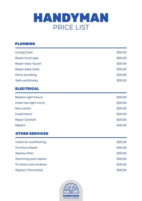 Linear Minimalist House Repair Handyman Services Price List Handyman Services Templates, Handyman Price List, Photographers Price List, Pressure Washer Tips, Replace Light Fixture, Swimming Pool Repair, Handyman Logo, Handyman Business, Unique Business Names